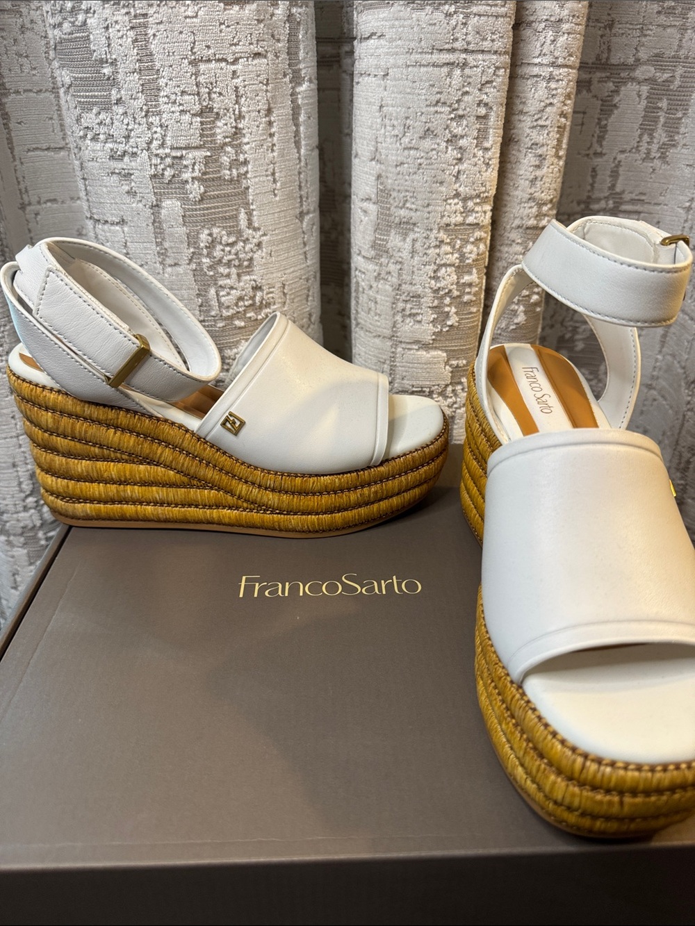 Franco Sarto White Leather Rope-Platform Wedges